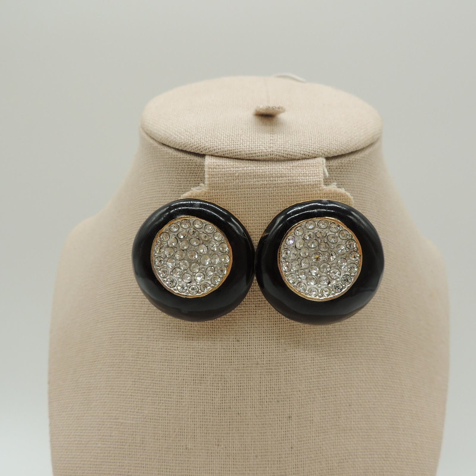 Vintage Essex 80s Large Round Goldtone Black Enamel Rhinestone Clip On Earrings